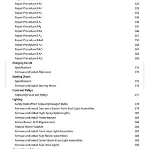 Pode incluir: Uma p&aacute;gina de manual com uma lista de procedimentos de reparo, de "Procedimento de Reparo R-J" a "Procedimento de Reparo R-AQ". As se&ccedil;&otilde;es incluem "Circuito de Carga", "Circuito de Partida", "Fus&iacute;veis e Rel&eacute;s" e "Ilumina&ccedil;&atilde;o". N&uacute;meros de p&aacute;gina &agrave; direita.