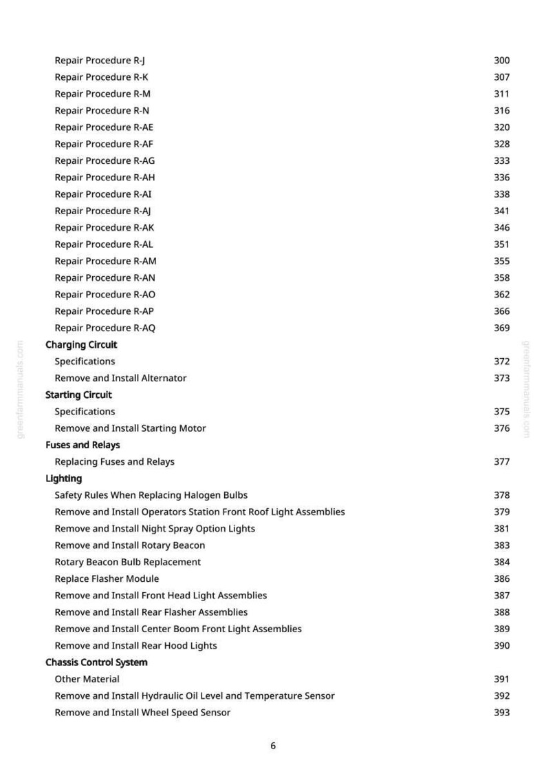 Pode incluir: Uma p&aacute;gina de manual com uma lista de procedimentos de reparo, de "Procedimento de Reparo R-J" a "Procedimento de Reparo R-AQ". As se&ccedil;&otilde;es incluem "Circuito de Carga", "Circuito de Partida", "Fus&iacute;veis e Rel&eacute;s" e "Ilumina&ccedil;&atilde;o". N&uacute;meros de p&aacute;gina &agrave; direita.