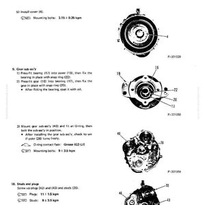 May include: Diagram of a torque converter with disassembly and assembly instructions. Includes illustrations of various components, such as gears, bearings, and bolts, with measurements in kgm. Text labels identify parts and steps.