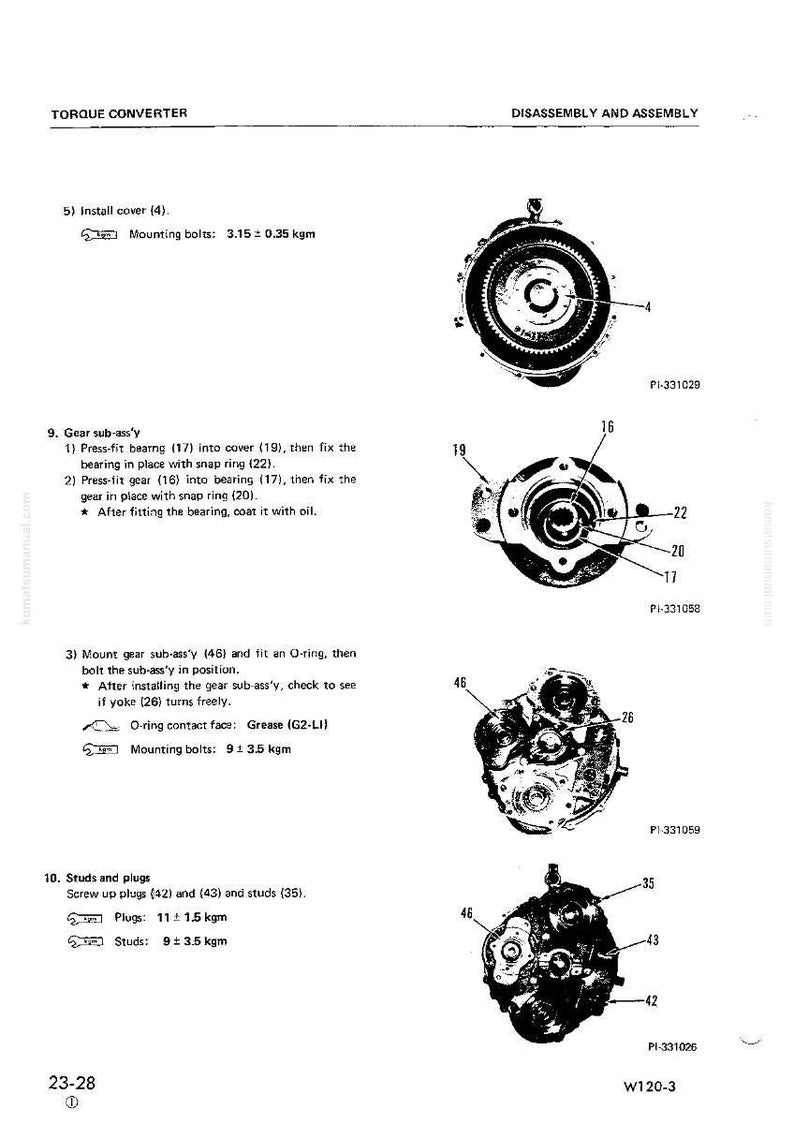 May include: Diagram of a torque converter with disassembly and assembly instructions. Includes illustrations of various components, such as gears, bearings, and bolts, with measurements in kgm. Text labels identify parts and steps.