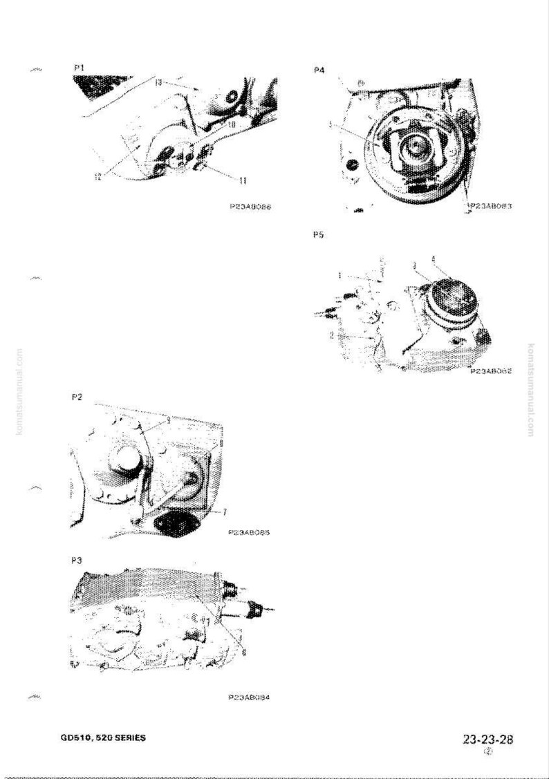 May include: Detailed technical diagram of mechanical components, including gears, housings, and various parts labeled P1 through P5. The diagram includes the text "GD510, 520 SERIES" and part numbers. The image is in black and white.