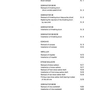 Puede incluir: Un diagrama t&eacute;cnico detallado con una lista de piezas y procedimientos para una unidad de trilla. El texto incluye t&eacute;rminos como "Dominator", "Impeller" y "Straw Walkers", con n&uacute;meros correspondientes.