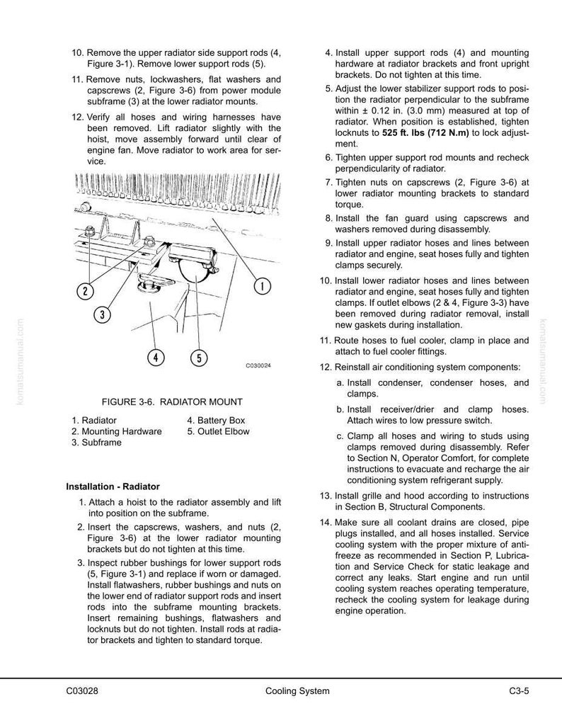 May include: A technical diagram from a manual, showing the radiator mount with numbered parts. Includes text and labels for radiator components and installation instructions. The image is in monochrome.