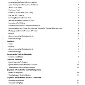 May include: A page from a manual with a table of contents. The text includes topics like "Freeing a Mired Machine", "Lubricants", and "Diagnostic Information for Electrical Components". Page numbers are listed on the right.