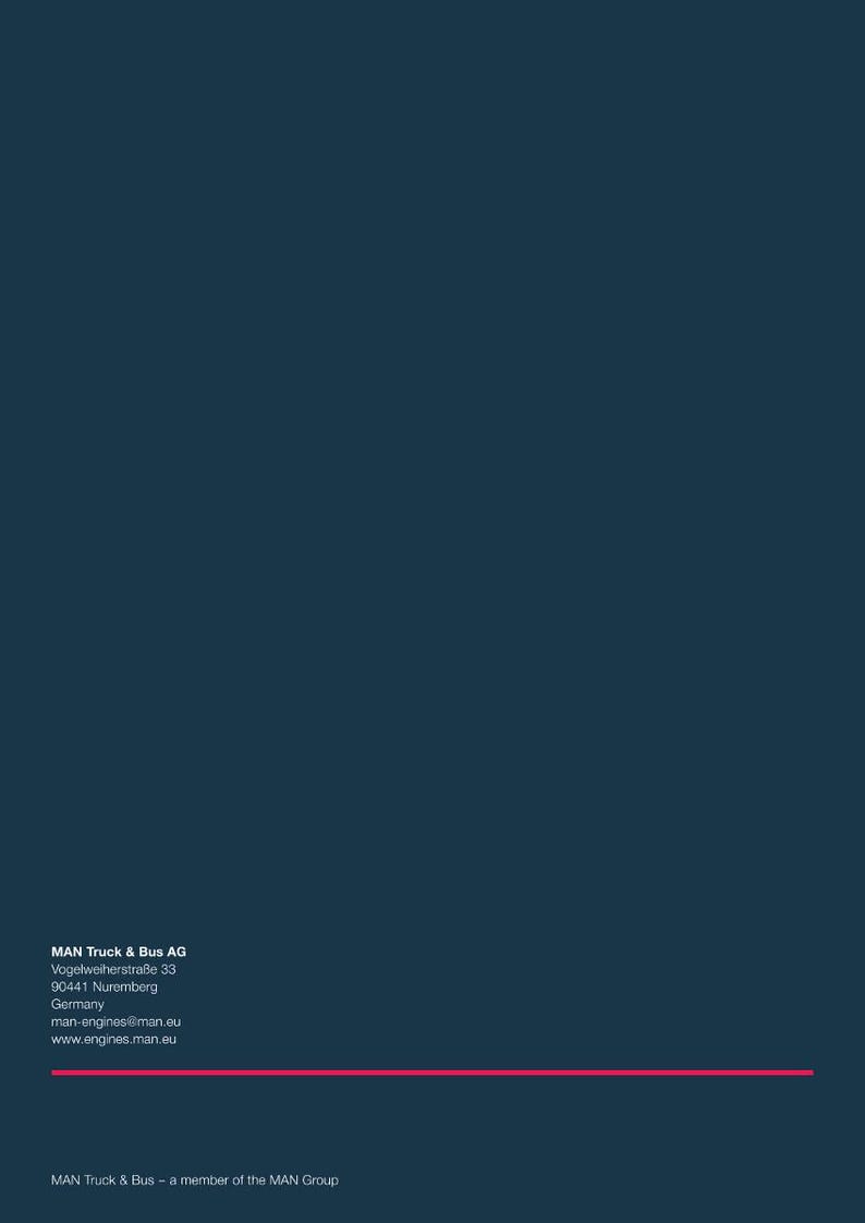 May include: A dark teal background with the text "MAN Truck & Bus AG" and contact information in white. A thin pink line is at the bottom of the text. The text "MAN Truck & Bus - a member of the MAN Group" is at the bottom.