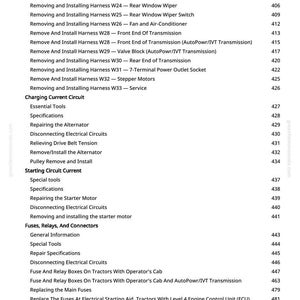Peut inclure: Une page de manuel avec une liste de proc&eacute;dures de r&eacute;paration automobile, notamment des sujets tels que "Retrait et installation du faisceau" et "Circuit de courant de charge". La page a un fond blanc avec du texte noir.
