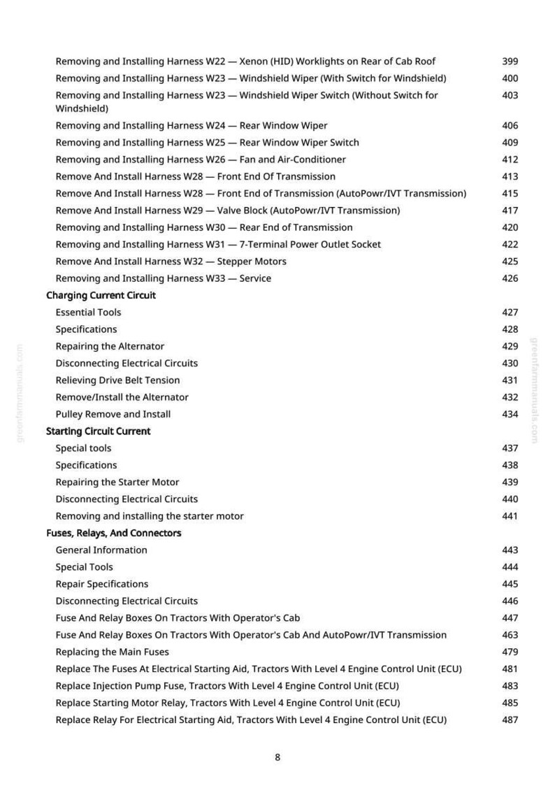 Peut inclure: Une page de manuel avec une liste de proc&eacute;dures de r&eacute;paration automobile, notamment des sujets tels que "Retrait et installation du faisceau" et "Circuit de courant de charge". La page a un fond blanc avec du texte noir.