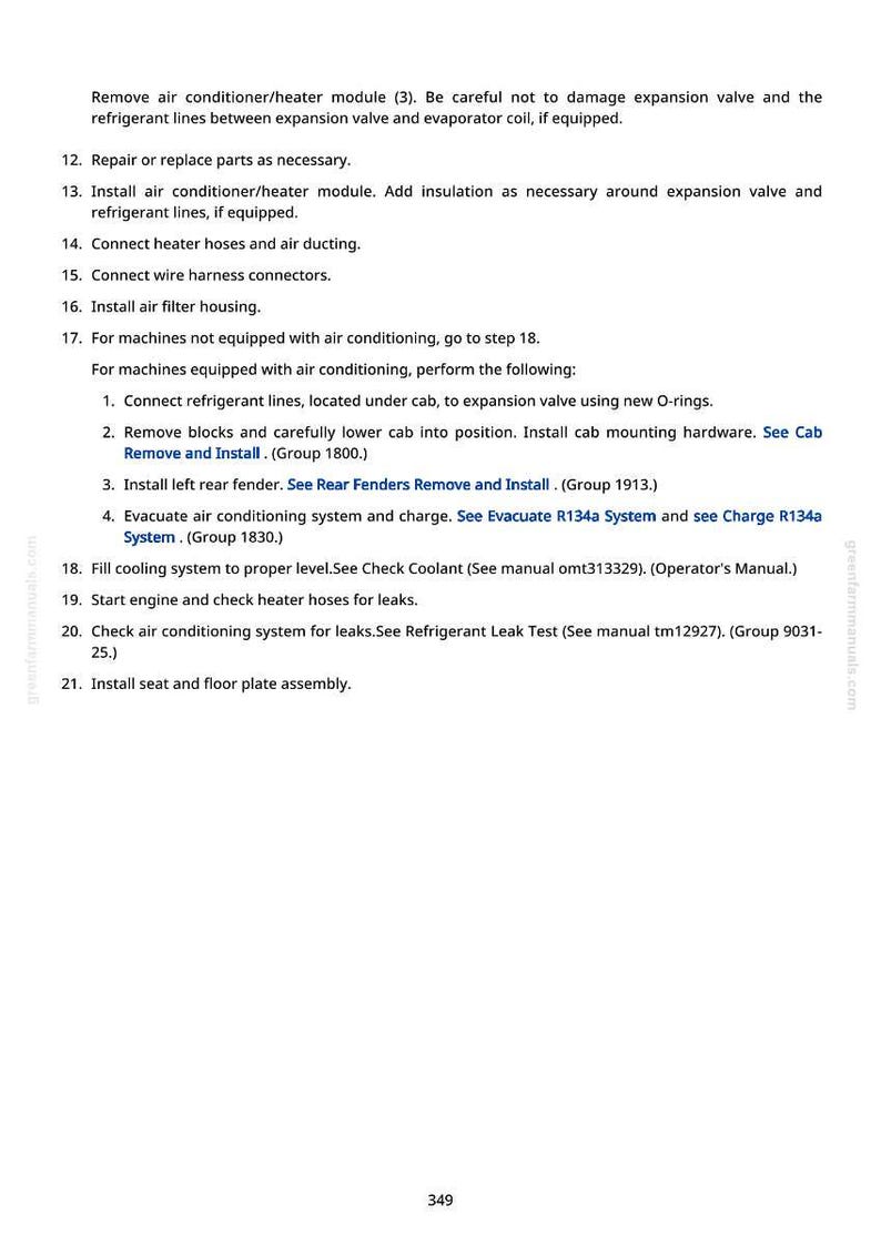 May include: A page from a manual with instructions for air conditioning system repair. The text includes steps for removing and installing components, checking for leaks, and filling the cooling system. The page number 349 is visible.