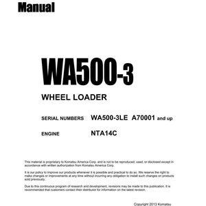 May include: A white shop manual for a WA500-3 wheel loader. The cover features the text "Shop Manual" at the top, with "WA500-3 WHEEL LOADER" in large, bold, black letters. The serial numbers are WA500-3LE A70001 and up.