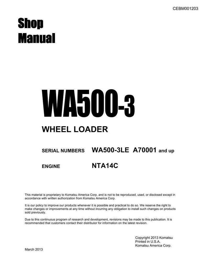 May include: A white shop manual for a WA500-3 wheel loader. The cover features the text "Shop Manual" at the top, with "WA500-3 WHEEL LOADER" in large, bold, black letters. The serial numbers are WA500-3LE A70001 and up.