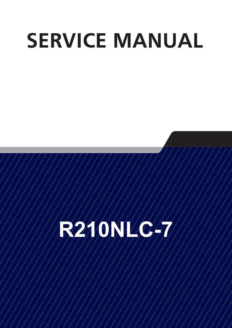 Op de afbeelding: Een servicemanual met de tekst "SERVICE MANUAL" in zwarte hoofdletters bovenaan. Daaronder een donkerblauwe achtergrond met witte diagonale lijnen en de tekst "R210NLC-7".