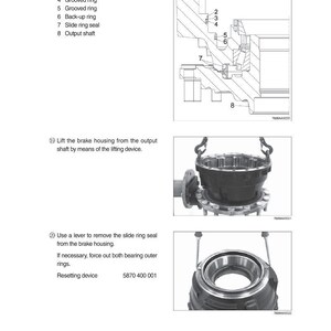 May include: Technical diagram and photographs of mechanical components. The diagram shows a cross-section of parts including a brake housing, guide ring, and output shaft. The photographs illustrate the removal and disassembly of the components.