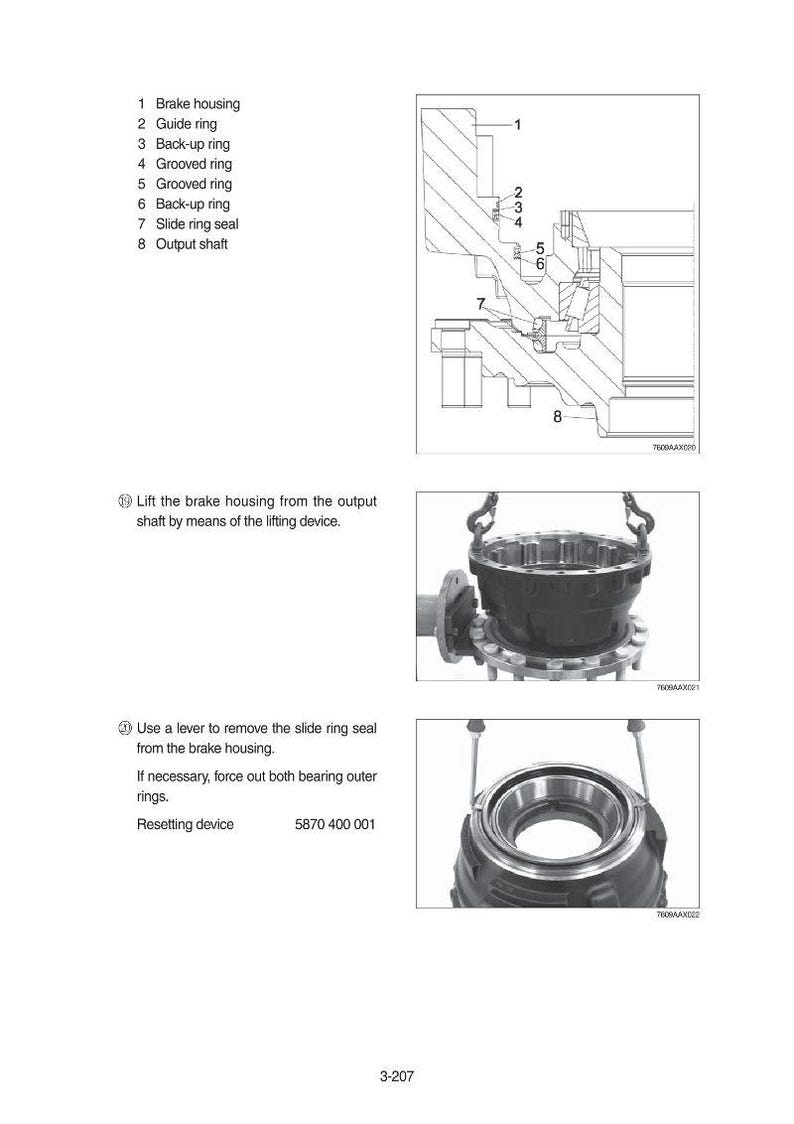 May include: Technical diagram and photographs of mechanical components. The diagram shows a cross-section of parts including a brake housing, guide ring, and output shaft. The photographs illustrate the removal and disassembly of the components.