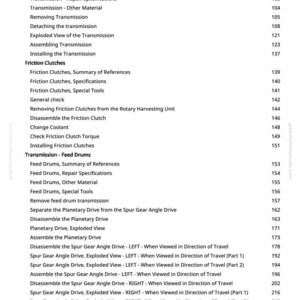 May include: A page from a manual with a table of contents. The text includes sections on transmissions, friction clutches, and feed drums. The page number is visible at the right side of the page.