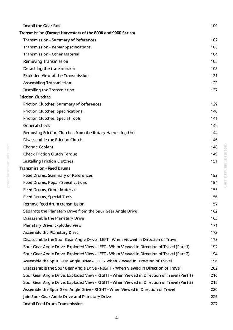 May include: A page from a manual with a table of contents. The text includes sections on transmissions, friction clutches, and feed drums. The page number is visible at the right side of the page.