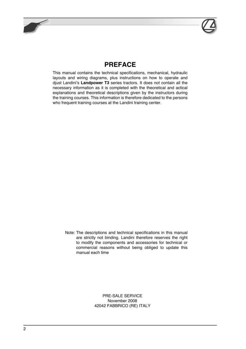May include: A white manual with the title "PREFACE" and text describing technical specifications, mechanical layouts, and wiring diagrams for Landini's Landpower T3 series tractors. Includes the text "PRE-SALE SERVICE November 2008 42042 FABBRICO (RE) ITALY".