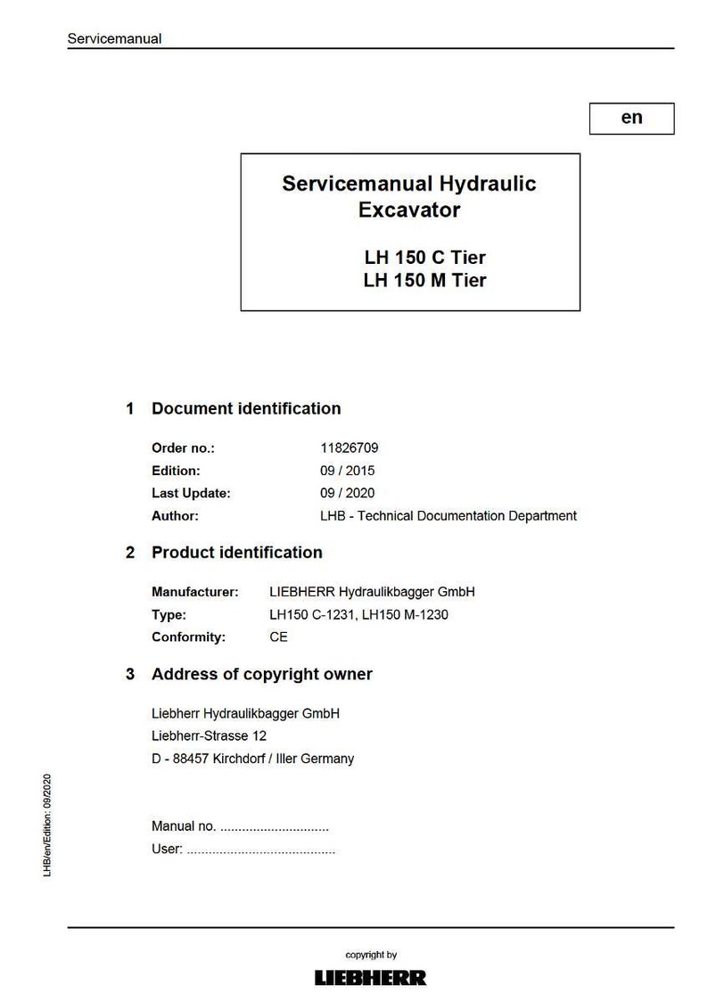 May include: A service manual for a hydraulic excavator, featuring the text "Servicemanual Hydraulic Excavator" and model designations "LH 150 C Tier" and "LH 150 M Tier." The document includes details like the order number, edition date, and manufacturer.