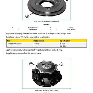 May include: Diagram of brake components, including a piston seal, seal retainer, and O-ring. The image includes a table with torque specifications of 9 N-m or 80 lb-in. Instructions are provided for assembly.