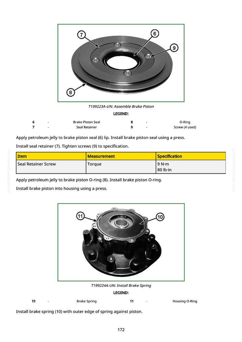 May include: Diagram of brake components, including a piston seal, seal retainer, and O-ring. The image includes a table with torque specifications of 9 N-m or 80 lb-in. Instructions are provided for assembly.