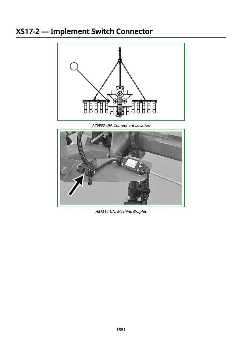 May include: Diagram of an implement switch connector, labeled XS17-2. The image includes a component location diagram and a machine graphic, with labels A76837-UN and A87514-UN respectively. The number 1851 is at the bottom.