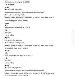 Puede incluir: Una p&aacute;gina blanca de un manual con texto que detalla los procedimientos el&eacute;ctricos automotrices. El texto incluye instrucciones para verificar el voltaje y reemplazar las luces de la matr&iacute;cula. La p&aacute;gina tiene el sitio web greenfarmmanuals.com en la parte superior.
