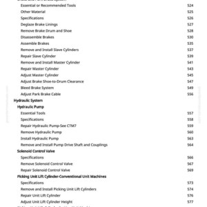 May include: A white page with a detailed table of contents for a mechanical repair manual. The headings include "Steering Cylinders", "Brake and Park Brake System", "Hydraulic System", and "Solenoid Control Valve". Page number 7 is visible.