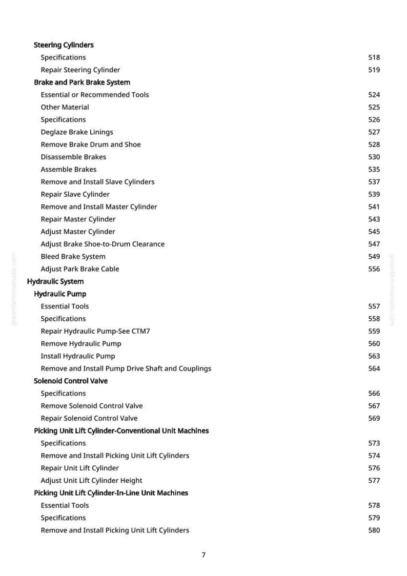 May include: A white page with a detailed table of contents for a mechanical repair manual. The headings include "Steering Cylinders", "Brake and Park Brake System", "Hydraulic System", and "Solenoid Control Valve". Page number 7 is visible.