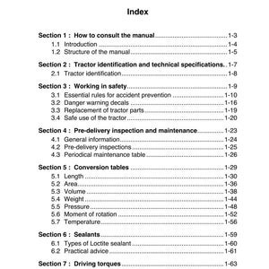 May include: A white and black manual index page titled "Chapter 1: Introduction." Sections include "How to consult the manual," "Working in safety," and "Conversion tables." The manual covers tractor identification and maintenance.