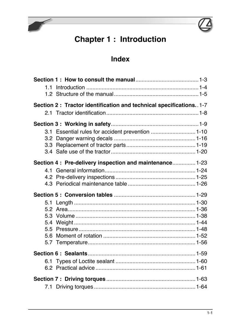 May include: A white and black manual index page titled "Chapter 1: Introduction." Sections include "How to consult the manual," "Working in safety," and "Conversion tables." The manual covers tractor identification and maintenance.