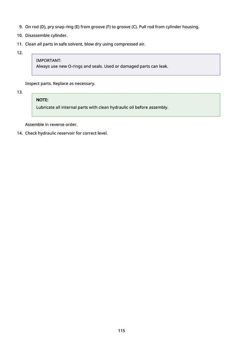 Op de afbeelding: Een witte pagina met genummerde instructies voor een mechanisch proces. De tekst bevat stappen voor demontage, reiniging en inspectie, met aantekeningen over het gebruik van nieuwe O-ringen en afdichtingen.