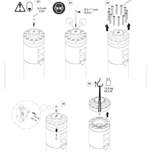 Peut inclure: Sch&eacute;ma d'assemblage de composants de machine Komatsu, avec des pi&egrave;ces cylindriques et des sch&eacute;mas de boulons. Comprend des mesures en mm et kg, des symboles de s&eacute;curit&eacute; et un poids de 13,3 kg.