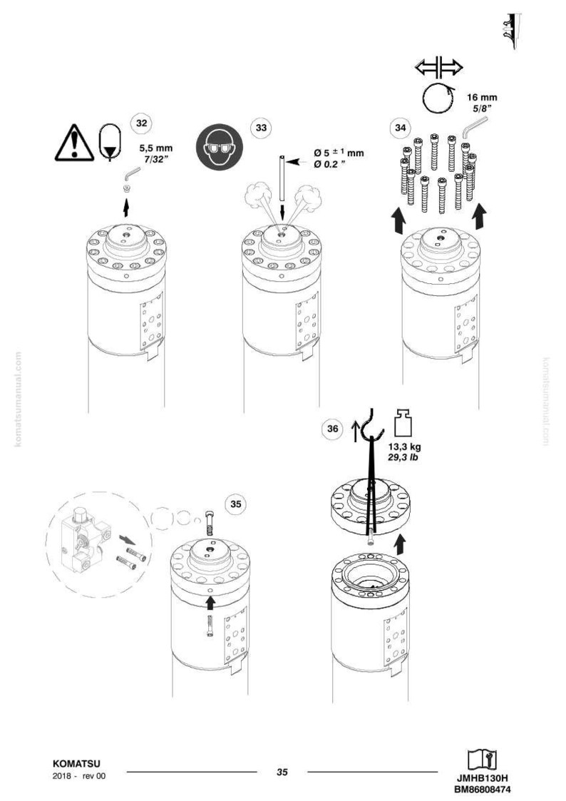 Peut inclure: Sch&eacute;ma d'assemblage de composants de machine Komatsu, avec des pi&egrave;ces cylindriques et des sch&eacute;mas de boulons. Comprend des mesures en mm et kg, des symboles de s&eacute;curit&eacute; et un poids de 13,3 kg.