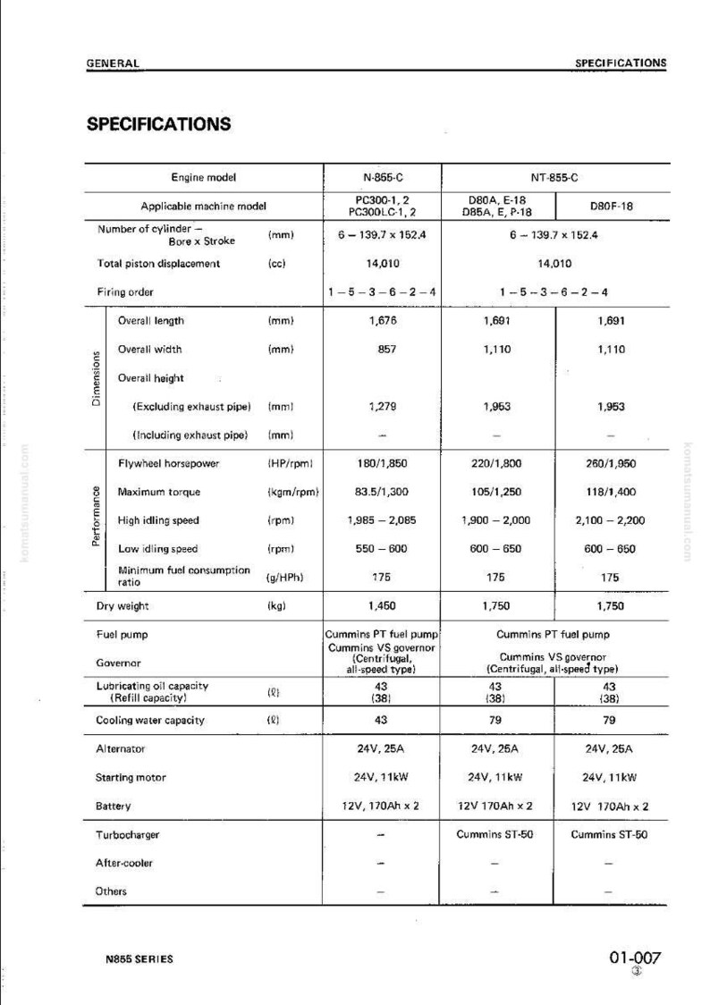 May include: A detailed specifications sheet for N-855-C and NT-855-C engine models, including dimensions, horsepower, torque, and fuel consumption. Measurements are in millimeters and kilograms. The sheet also lists alternator and battery details.