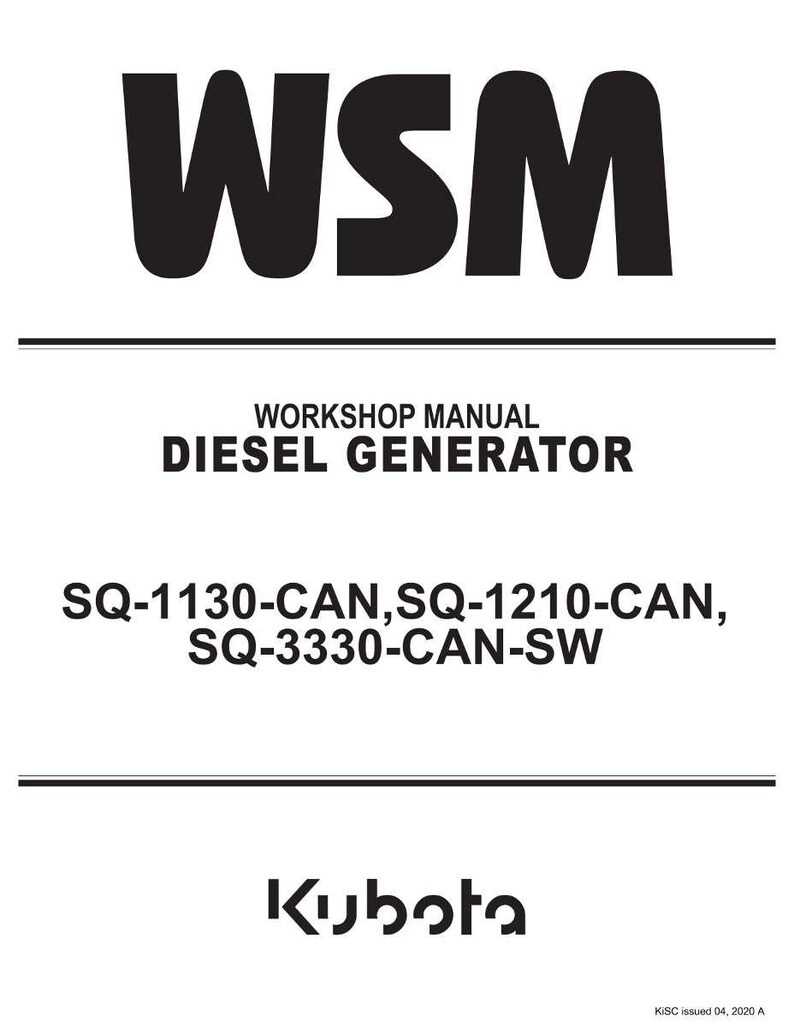 May include: A white document with black text. The text reads "WSM", "WORKSHOP MANUAL DIESEL GENERATOR", and "SQ-1130-CAN, SQ-1210-CAN, SQ-3330-CAN-SW". The Kubota logo is at the bottom.