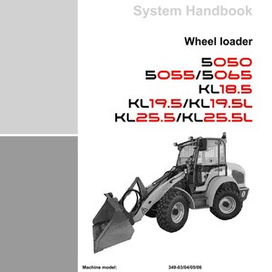 Peut inclure: Couverture du manuel Kramer System Handbook avec une illustration de chargeuse sur pneus. La couverture comprend le logo Kramer, les num&eacute;ros de mod&egrave;le et le texte "System Handbook" et "Wheel loader".