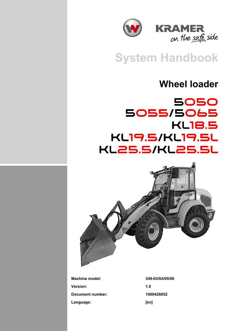Peut inclure: Couverture du manuel Kramer System Handbook avec une illustration de chargeuse sur pneus. La couverture comprend le logo Kramer, les num&eacute;ros de mod&egrave;le et le texte "System Handbook" et "Wheel loader".