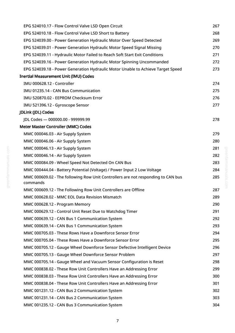 Op de afbeelding: Een witte pagina met een lijst met technische codes en beschrijvingen, waaronder "Flow Control Valve", "Hydraulic Motor" en "CAN Bus Communication". Het document lijkt een naslagwerk of een handleiding voor probleemoplossing te zijn.