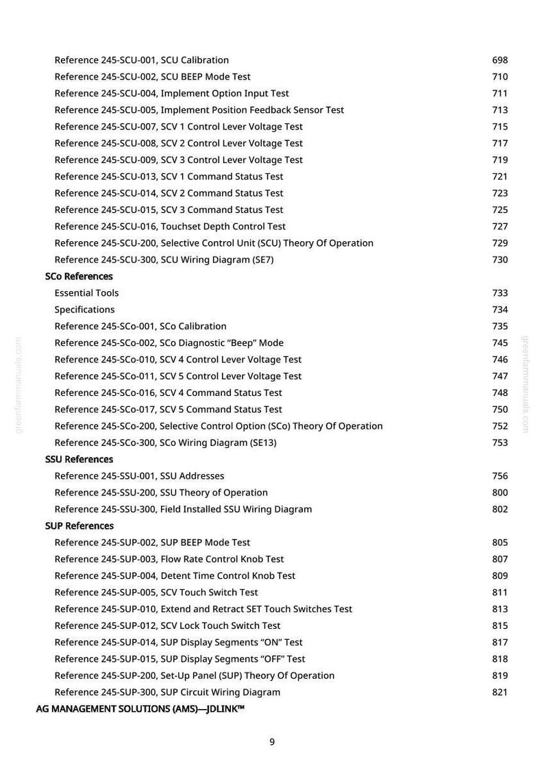 Puede incluir: Una lista detallada de referencias t&eacute;cnicas, pruebas y diagramas, incluidas las referencias SCU, SCo, SSU y SUP. El documento incluye calibraciones, pruebas de voltaje y diagramas de cableado. El texto es negro sobre fondo blanco.