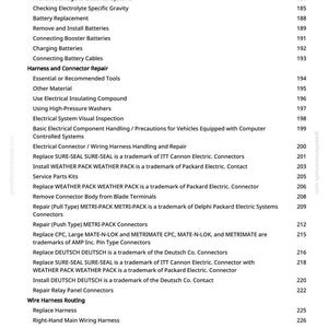 May include: A white-background page from a manual with a list of automotive electrical system repair topics. Topics include battery maintenance, harness and connector repair, and wire harness routing. Page numbers are listed on the right.
