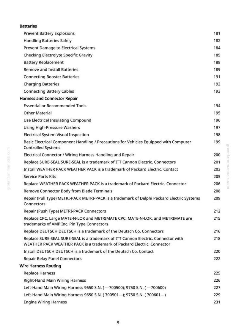 May include: A white-background page from a manual with a list of automotive electrical system repair topics. Topics include battery maintenance, harness and connector repair, and wire harness routing. Page numbers are listed on the right.