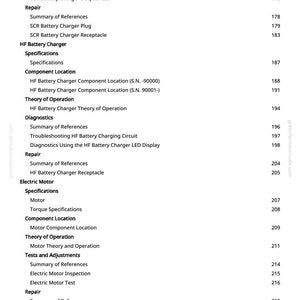 May include: A white page from a manual with a table of contents. The text includes sections on battery chargers, electric motors, and repair procedures. Page numbers are listed on the right side of the page.