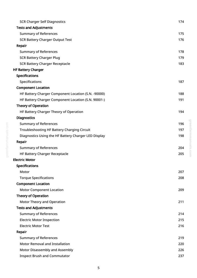 May include: A white page from a manual with a table of contents. The text includes sections on battery chargers, electric motors, and repair procedures. Page numbers are listed on the right side of the page.
