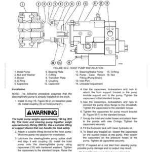May include: Technical diagram showing hoist pump installation, with labeled components like O-rings and capscrews. Instructions are provided, along with a warning about the pump's weight, approximately 140 kg (310 lb).