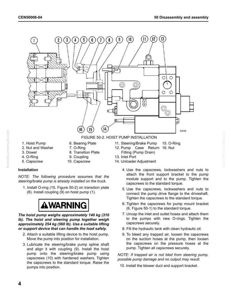 May include: Technical diagram showing hoist pump installation, with labeled components like O-rings and capscrews. Instructions are provided, along with a warning about the pump's weight, approximately 140 kg (310 lb).