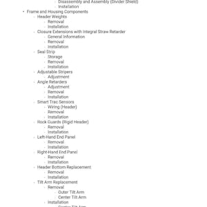 May include: A detailed list of components and procedures, including removal and installation instructions. The text is organized with bullet points and headings, covering topics like dividers, header weights, and tilt arm replacement.