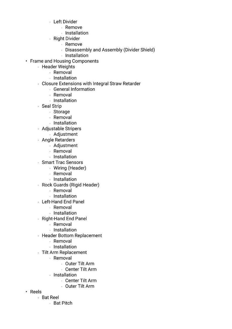 May include: A detailed list of components and procedures, including removal and installation instructions. The text is organized with bullet points and headings, covering topics like dividers, header weights, and tilt arm replacement.