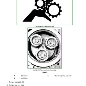 May include: Diagram of gears in motion, with the text "T6639GK-UN: Gears May Turn." Below, a detailed view of a planetary drive assembly, labeled with parts and instructions. Includes a legend for cap screws and lock plates.