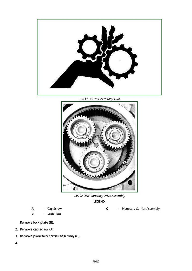 May include: Diagram of gears in motion, with the text "T6639GK-UN: Gears May Turn." Below, a detailed view of a planetary drive assembly, labeled with parts and instructions. Includes a legend for cap screws and lock plates.