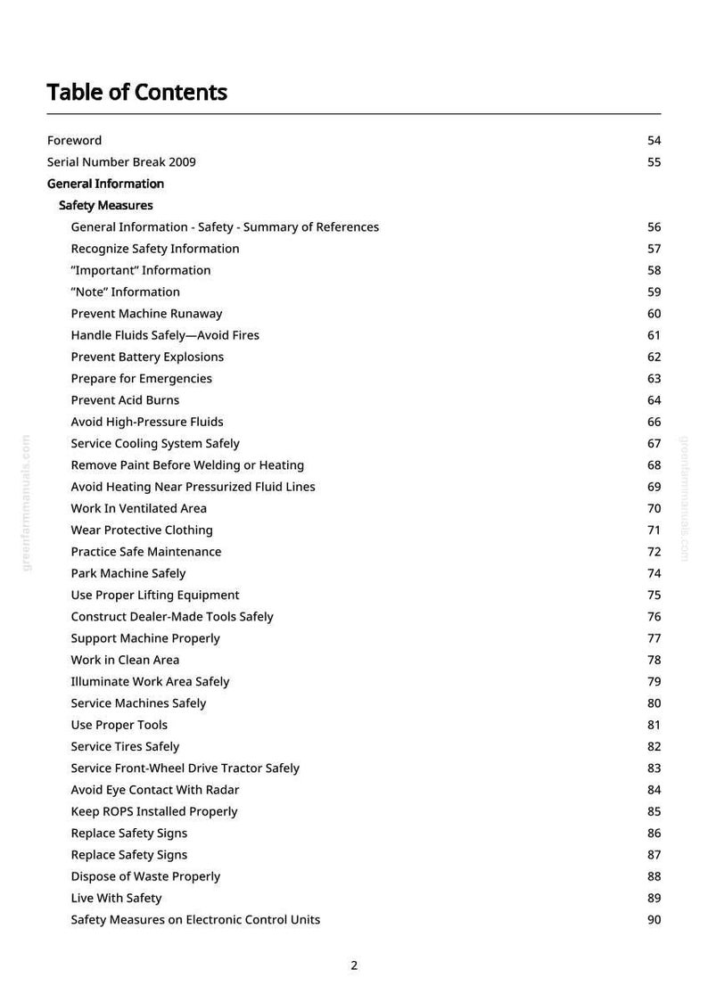 May include: A page from a manual titled "Table of Contents." The document lists safety measures, including topics like "Prevent Machine Runaway" and "Service Tires Safely." The page numbers are listed on the right side.