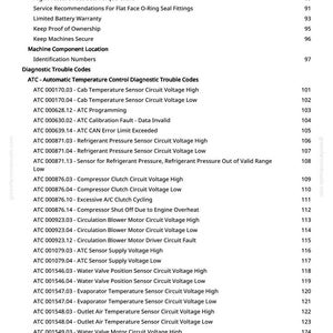 May include: A white page from a manual with a list of diagnostic trouble codes for an ATC system. The page includes codes for cab temperature, refrigerant pressure, and water valve motor issues.